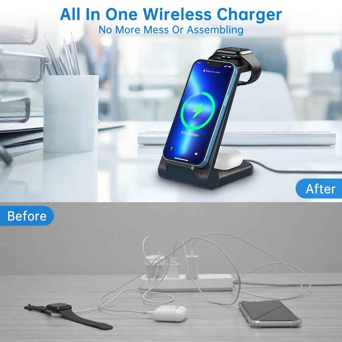 23W Fast Wireless Charger – 3-in-1 Stand for iPhone, AirPods & Watch