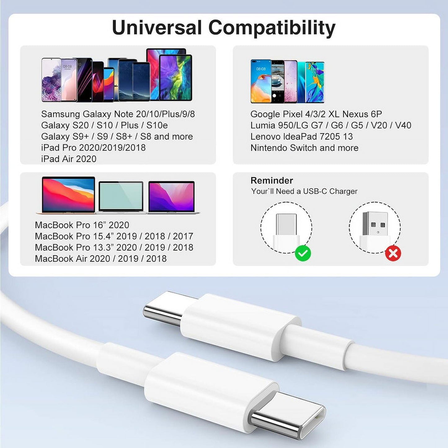 10Ft USB-C PD Fast Charger Cable – Universal for iPhone 16/15 & Samsung Galaxy – White