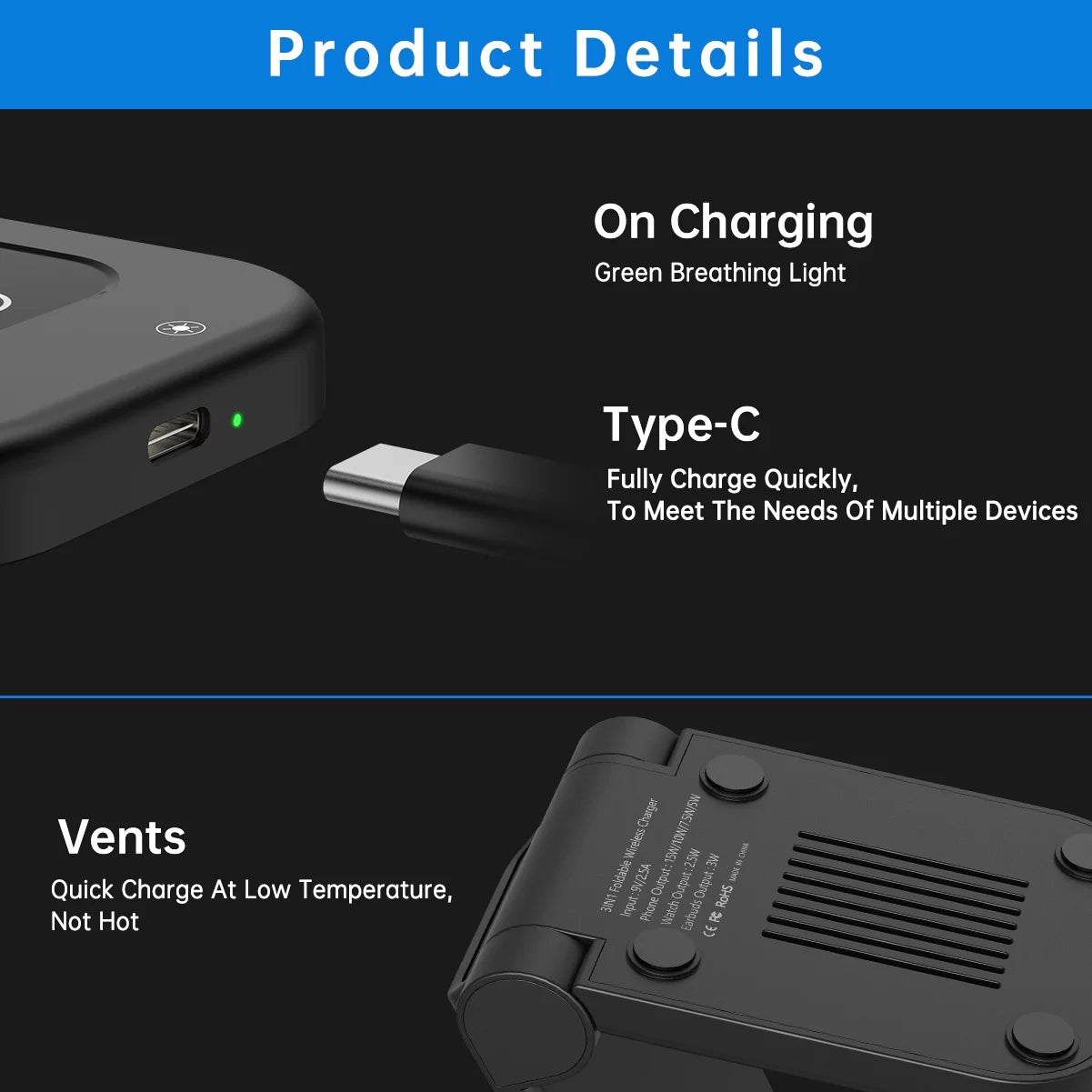 23W Fast Wireless Charger – 3-in-1 Stand for iPhone, AirPods & Watch
