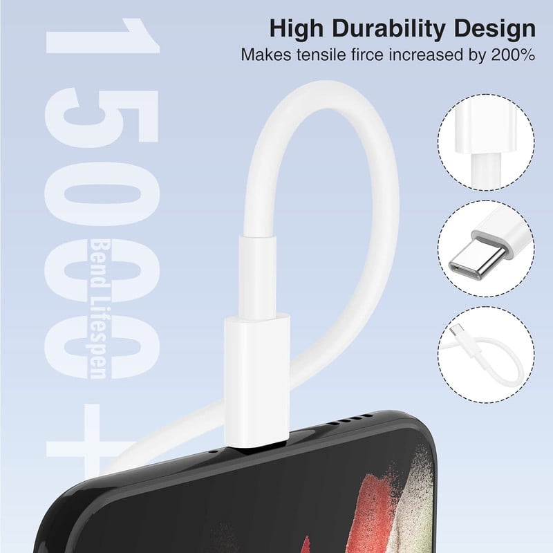10Ft USB-C PD Fast Charger Cable – Universal for iPhone 16/15 & Samsung Galaxy – White